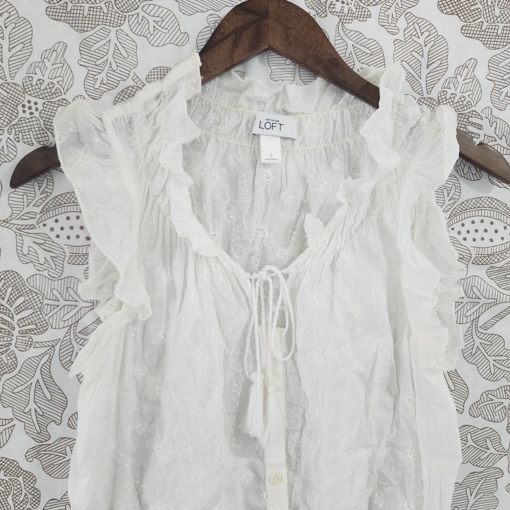 LOFT White Ruffle Button-Down Top - Picture 3 of 10